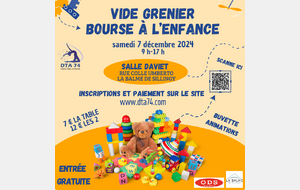 Vide Grenier Bourse à l'enfance 07/12/24 Salle Daviet - inscriptions et Paiement 